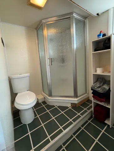 a bathroom with a toilet and a shower