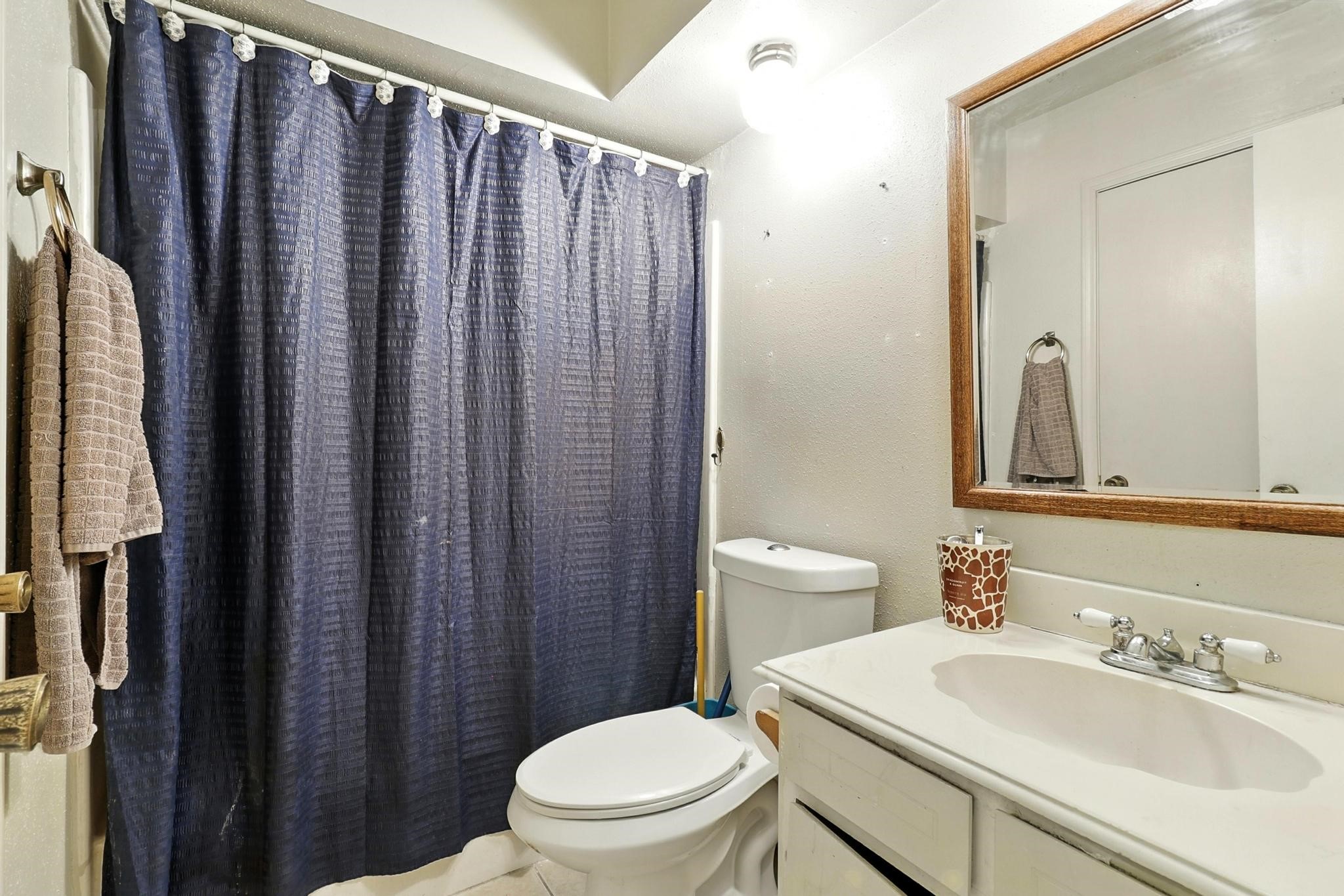 6911 Silver Star Drive Houston, TX 77086 - Photo 6 of 15 a bathroom with a sink a toilet a mirror and shower curtain