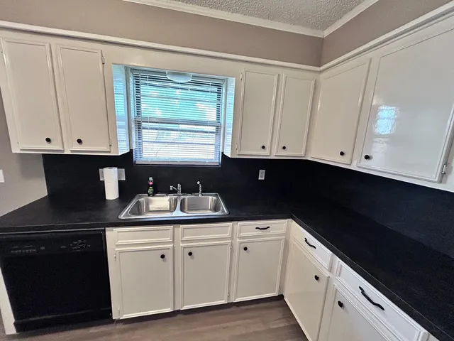 a kitchen with white cabinets a sink and dishwasher