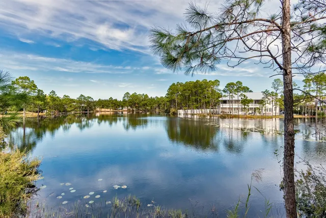 a view of a lake with houses in the back