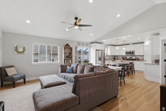 625 East 100 South Ephraim, UT 84627 - Photo 3 of 26 Open-concept living space featuring wood-finish flooring, recessed lighting, and a ceiling fan