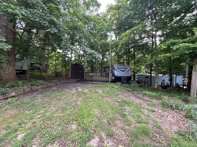 a view of a backyard with table and chairs potted plants and large tree