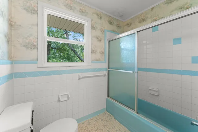 a bathroom with a shower and toilet