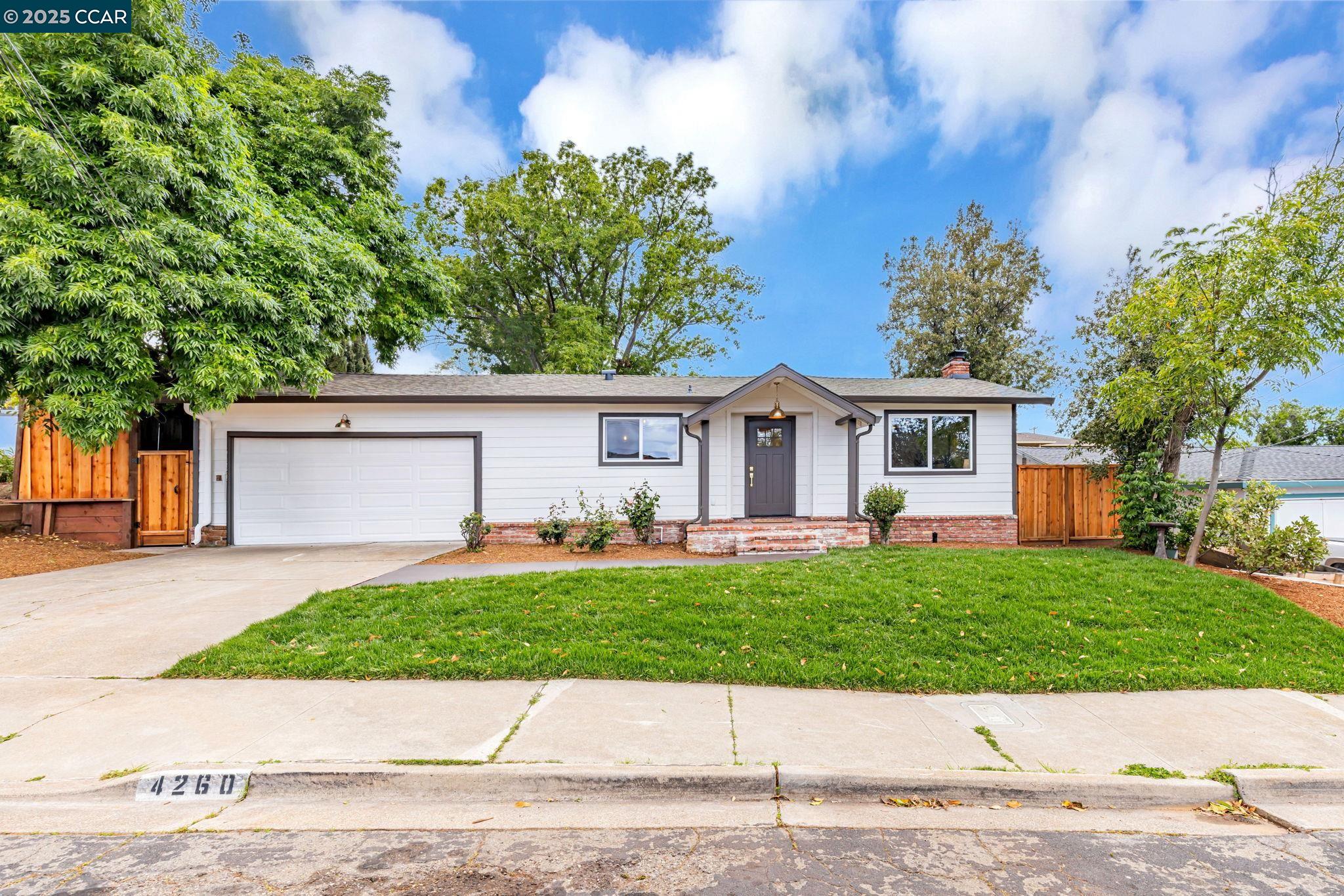 a front view of a house with a garden and a tree