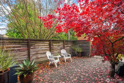 a view of a bench in a backyard