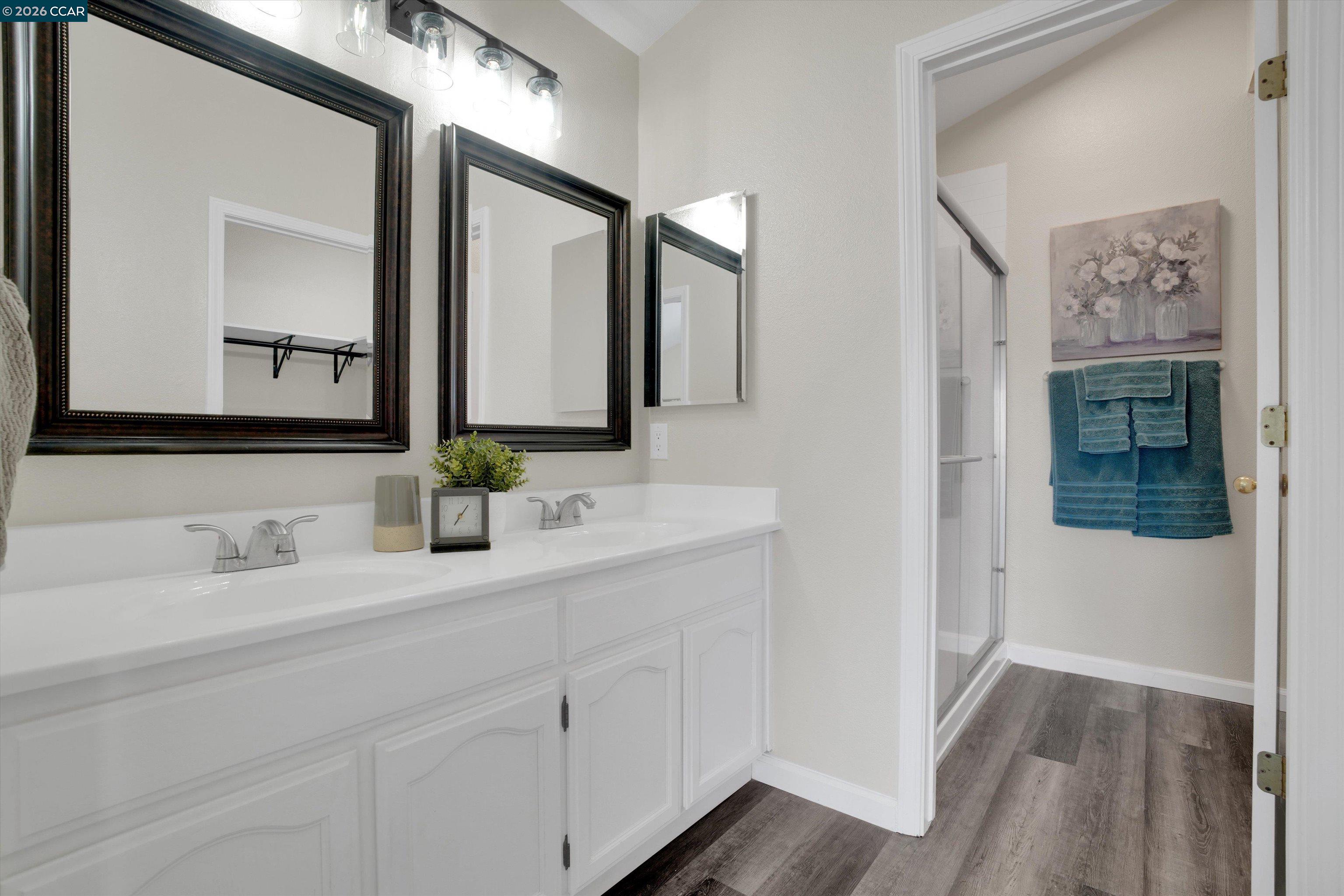 1605 Riverlake Road Discovery Bay, CA 94505 - Photo 28 of 39 a bathroom with double vanity sink and a mirror