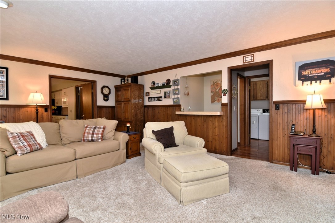 5510 Som Center Road Solon, OH 44139 - Photo 11 of 38 Living area featuring a wainscoted wall, wooden walls, carpet floors, ornamental molding, and washer / dryer