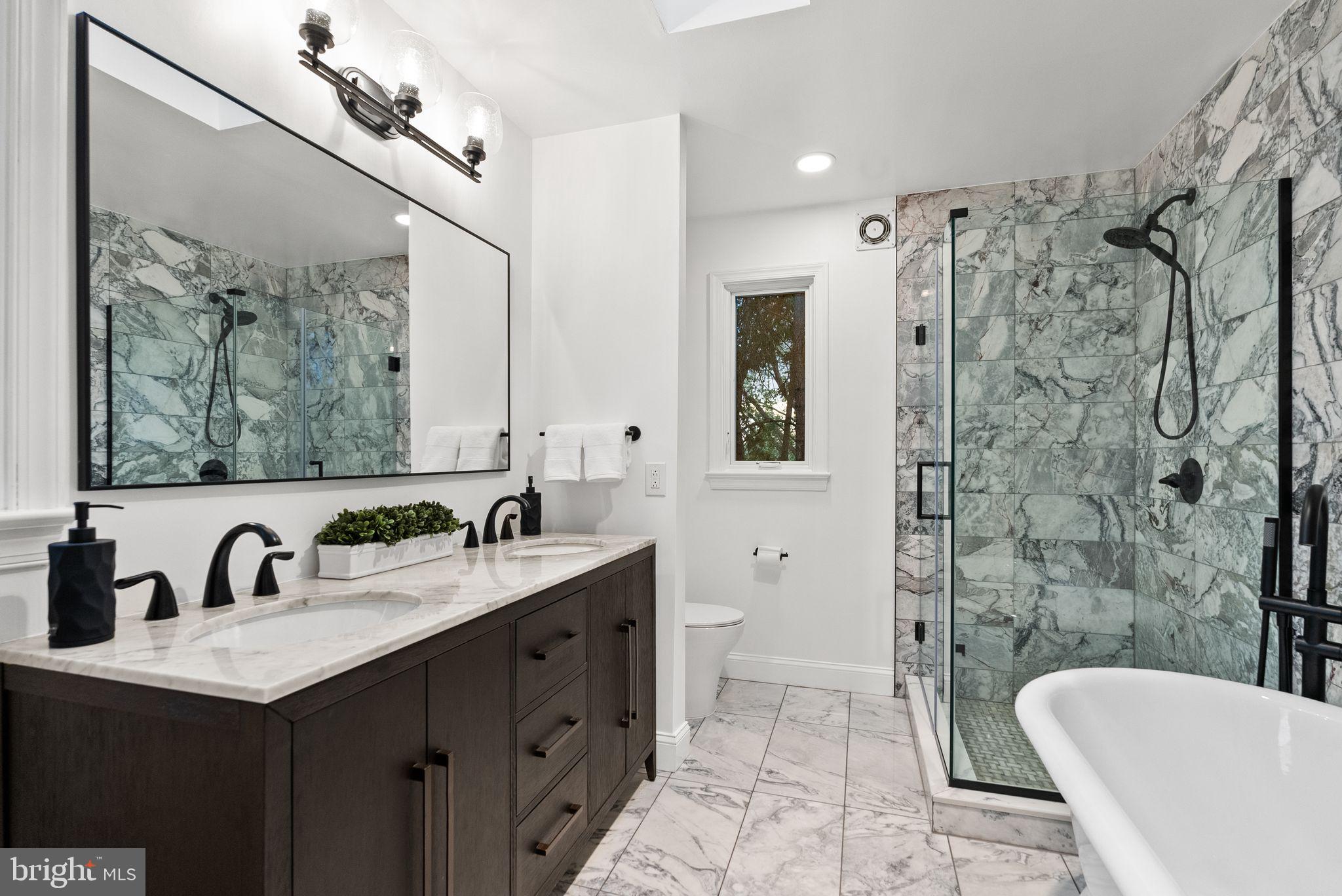 4613 Charleston Terrace Northwest Washington, DC 20007 - Photo 51 of 114 a bathroom with a sink a toilet a mirror a vanity and shower