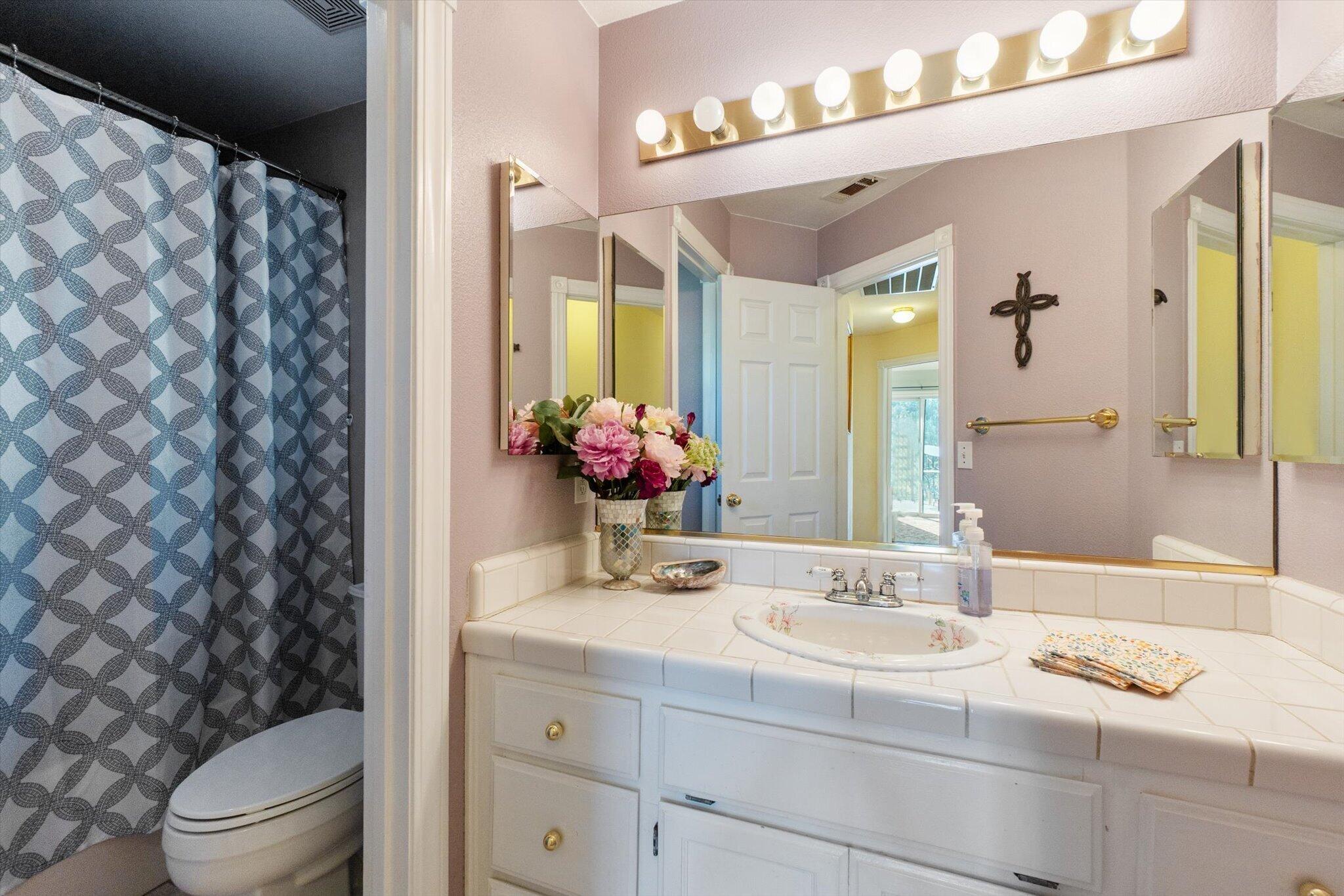 10067 Tilton Mine Road Redding, CA 96001 - Photo 18 of 62 a bathroom with a granite countertop sink a toilet and a mirror