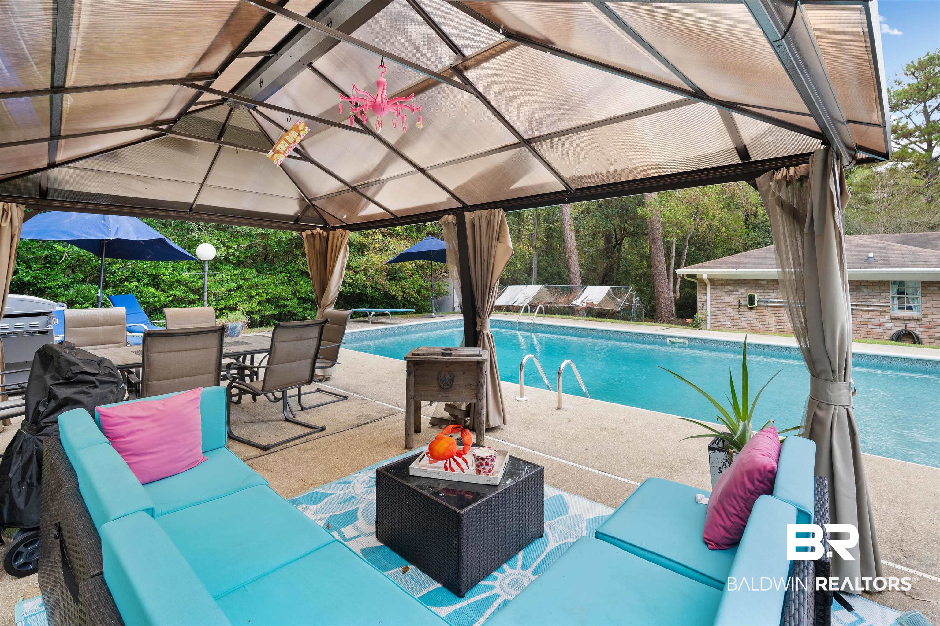 7807 Yorkhaven Road Mobile, AL 36695 - Photo 29 of 34 Outdoor pool featuring a patio, an outdoor living space, a gazebo, and a diving board