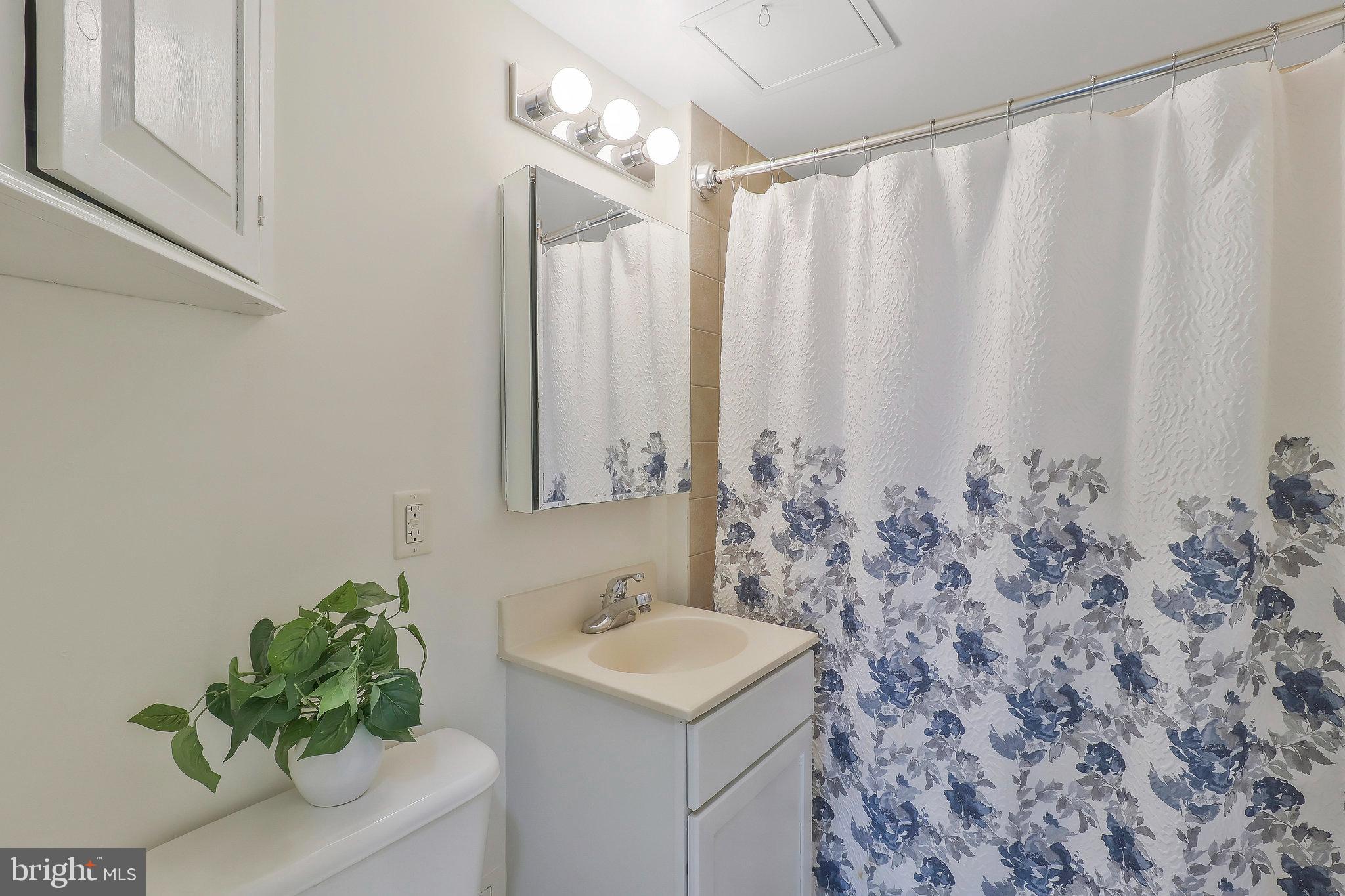 800 4th Street Southwest, Unit S721 Washington, DC 20024 - Photo 23 of 39 a bathroom with a sink a mirror and a shower curtain
