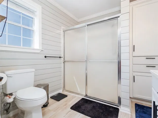 a bathroom with a shower and a toilet