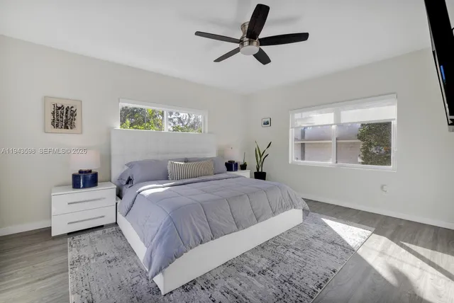 a bedroom with a bed and a tv