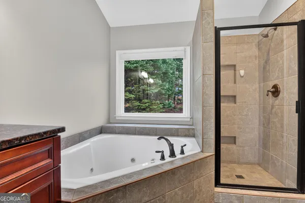 a bathroom with a bathtub and a shower