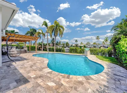 a view of a swimming pool with a yard