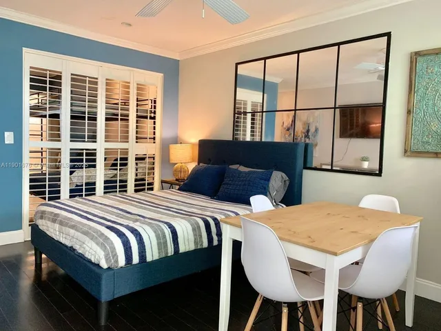 a bedroom with a bed and a table in it