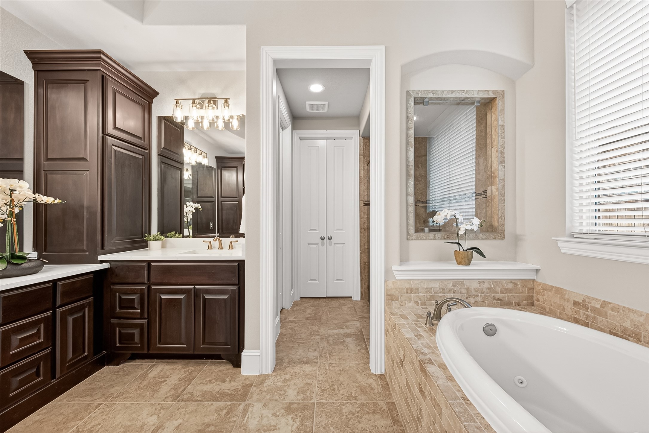 2803 Mayfield Ridge Lane Katy, TX 77494 - Photo 25 of 40 Gorgeous upgraded quartz countertops and lighting with a large soaking tub, separate shower, double sinks, vanity and walk-in closet