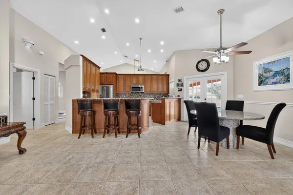 a view of a dining room with furniture