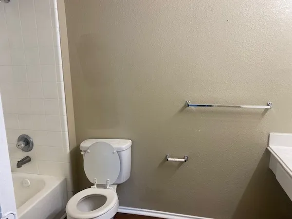 a bathroom with a toilet and a bathtub