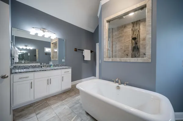 a bathroom with a bathtub and a double vanity sink