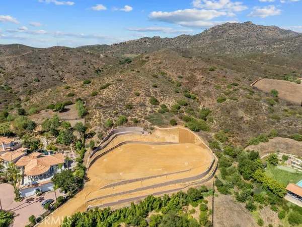 an aerial view of a swimming pool