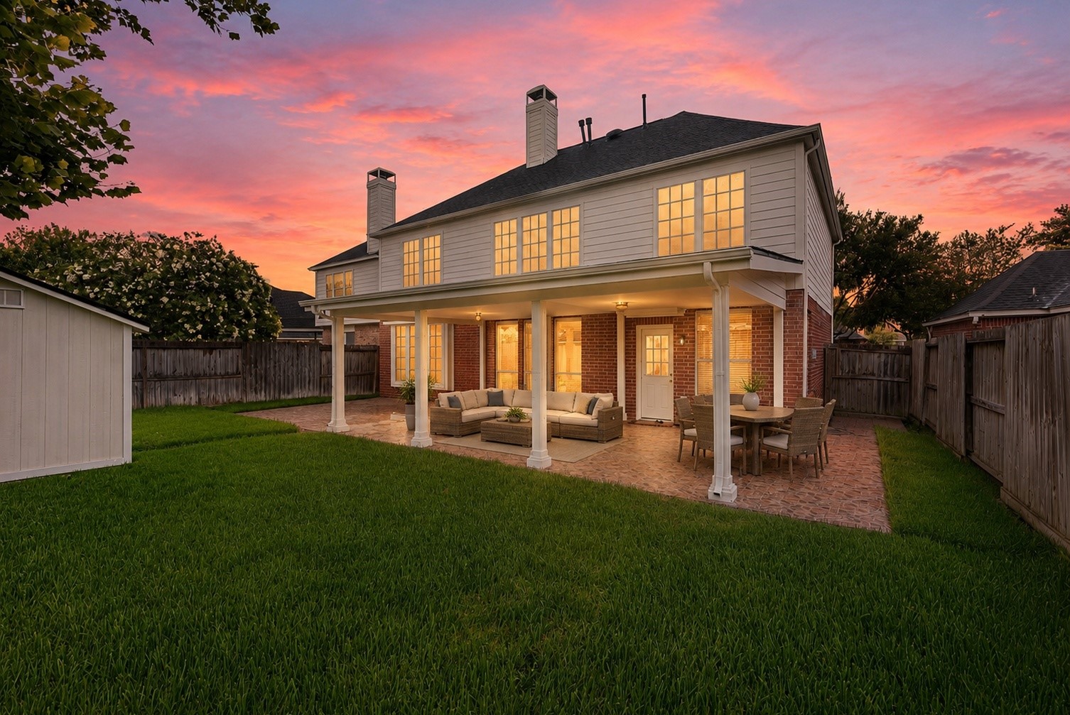 5724 Shady Hollow Court Rosharon, TX 77583 - Photo 20 of 27 A tranquil backyard retreat with a generous covered patio, lush lawn, and warm evening glow. Thoughtfully curated by the homeowner, this outdoor space feels peaceful, private, and ideal for slow mornings, quiet evenings, or effortless entertaining. Virtually staged.