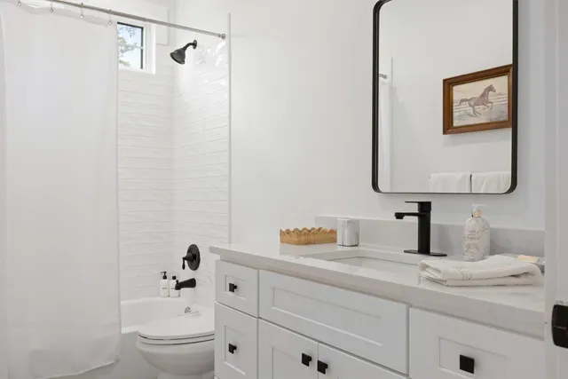 a bathroom with a toilet sink vanity and mirror