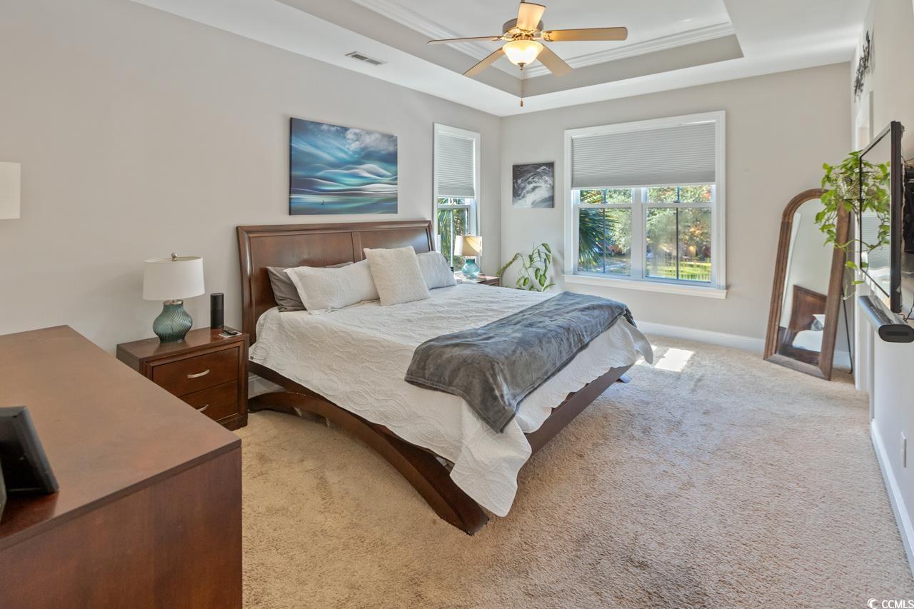 3887 Spanner Way Murrells Inlet, SC 29576 - Photo 15 of 32 Bedroom featuring light carpet, a tray ceiling, ceiling fan, and ornamental molding