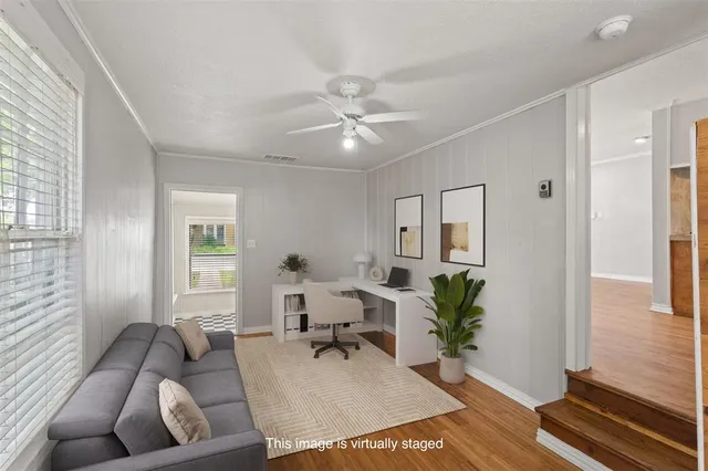 a living room with furniture and a potted plant