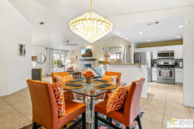 a view of a dining room with furniture