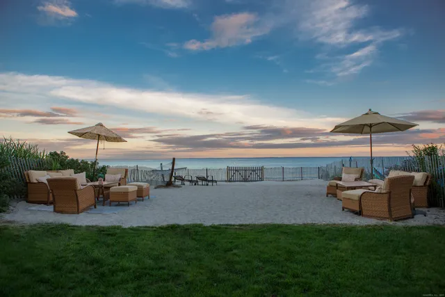 a view of a garden with furniture