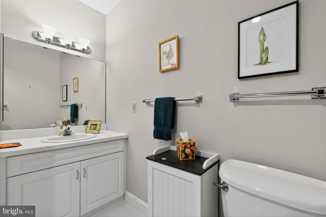 a bathroom with a sink mirror and toilet