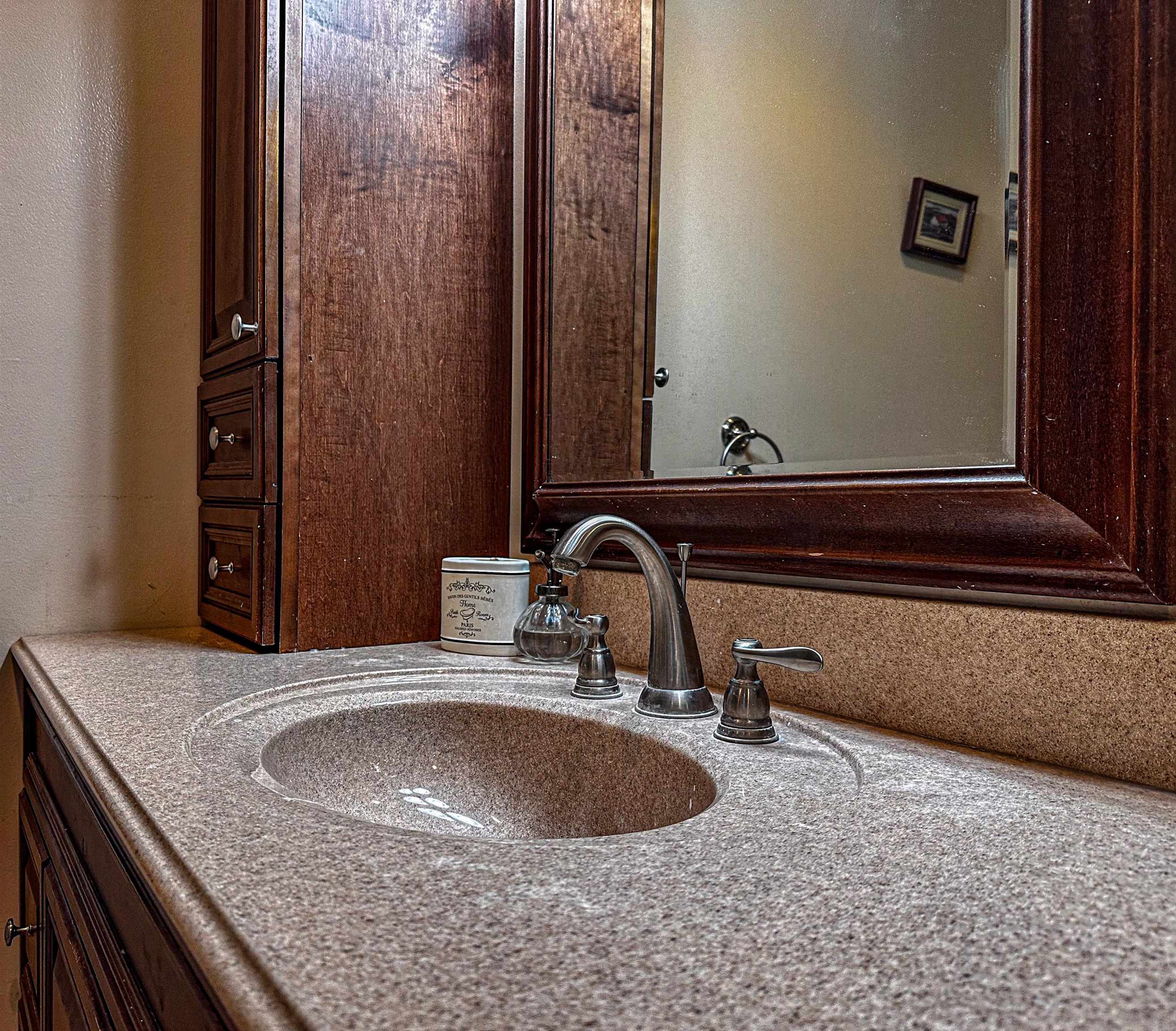 19 Mt Hermon Road Middlebrook, VA 24459 - Photo 52 of 70 a bathroom with a granite countertop sink and a mirror