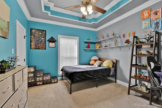 a bedroom with furniture and a gym equipment