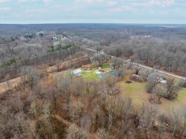 a view of a park with large trees