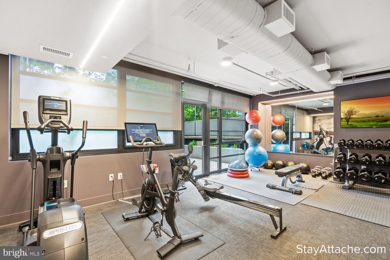 1300 4th Street Southeast, Unit 713 Washington, DC 20003 - Photo 11 of 29 a living room with gym equipment and a flat screen tv