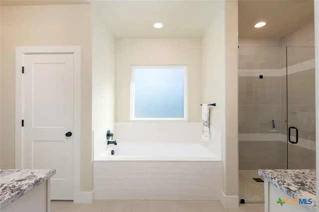a bathroom with a bathtub and a shower