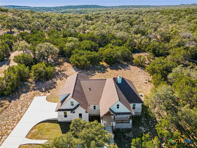 an aerial view of a house with swimming pool and large trees