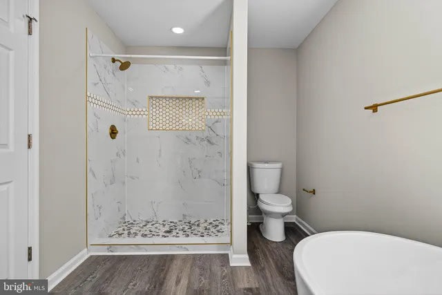 a bathroom with a toilet and a shower