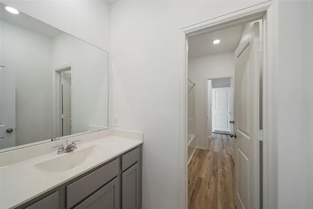 a bathroom with a sink and a mirror