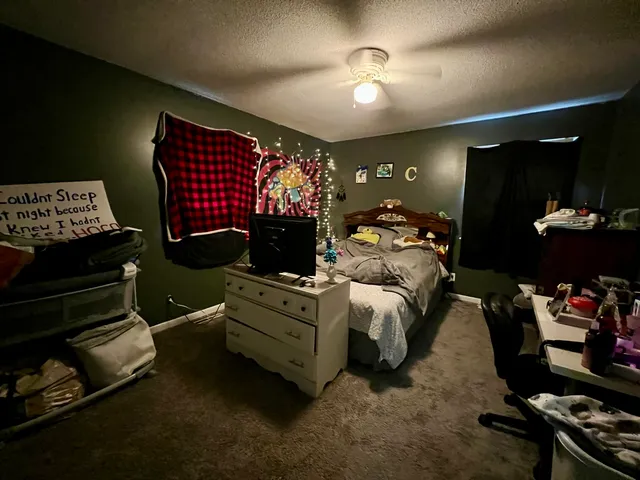 a bedroom with furniture and a fan
