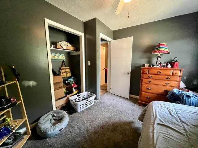 a bedroom with bed and a closet