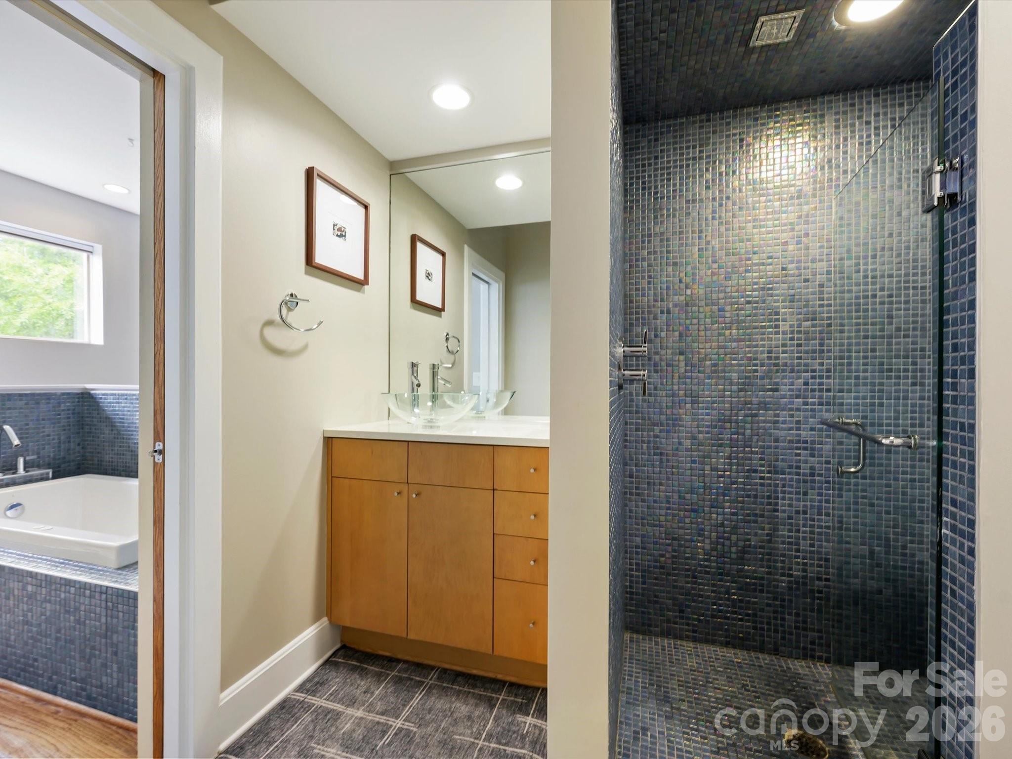420 Queens Road Charlotte, NC 28207 - Photo 31 of 35 a bathroom with a sink a mirror and a shower