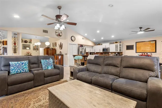 a view of a yard with plants and large trees