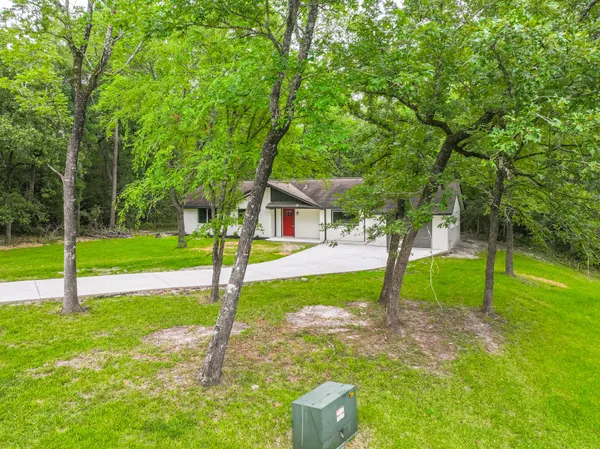 a view of a house with backyard and a tree