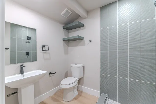 a bathroom with a toilet a sink and mirror