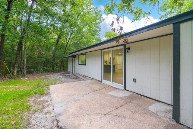 a backyard of a house with plants and large tree