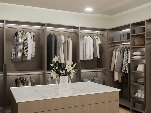 a bedroom with furniture and large window