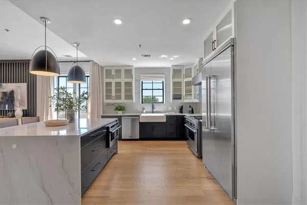 a view of a dining room with furniture