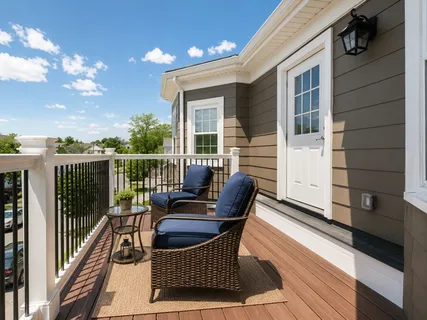 a balcony view with a seating space